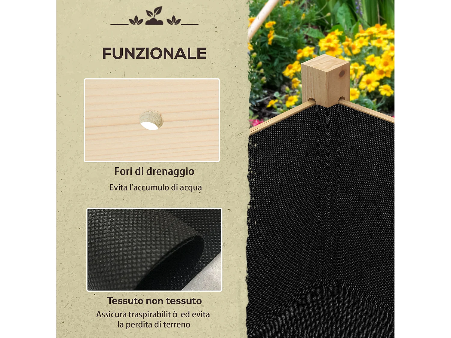 Orto rialzato con 2 fori di drenaggio e sacca in tessuto non tessuto