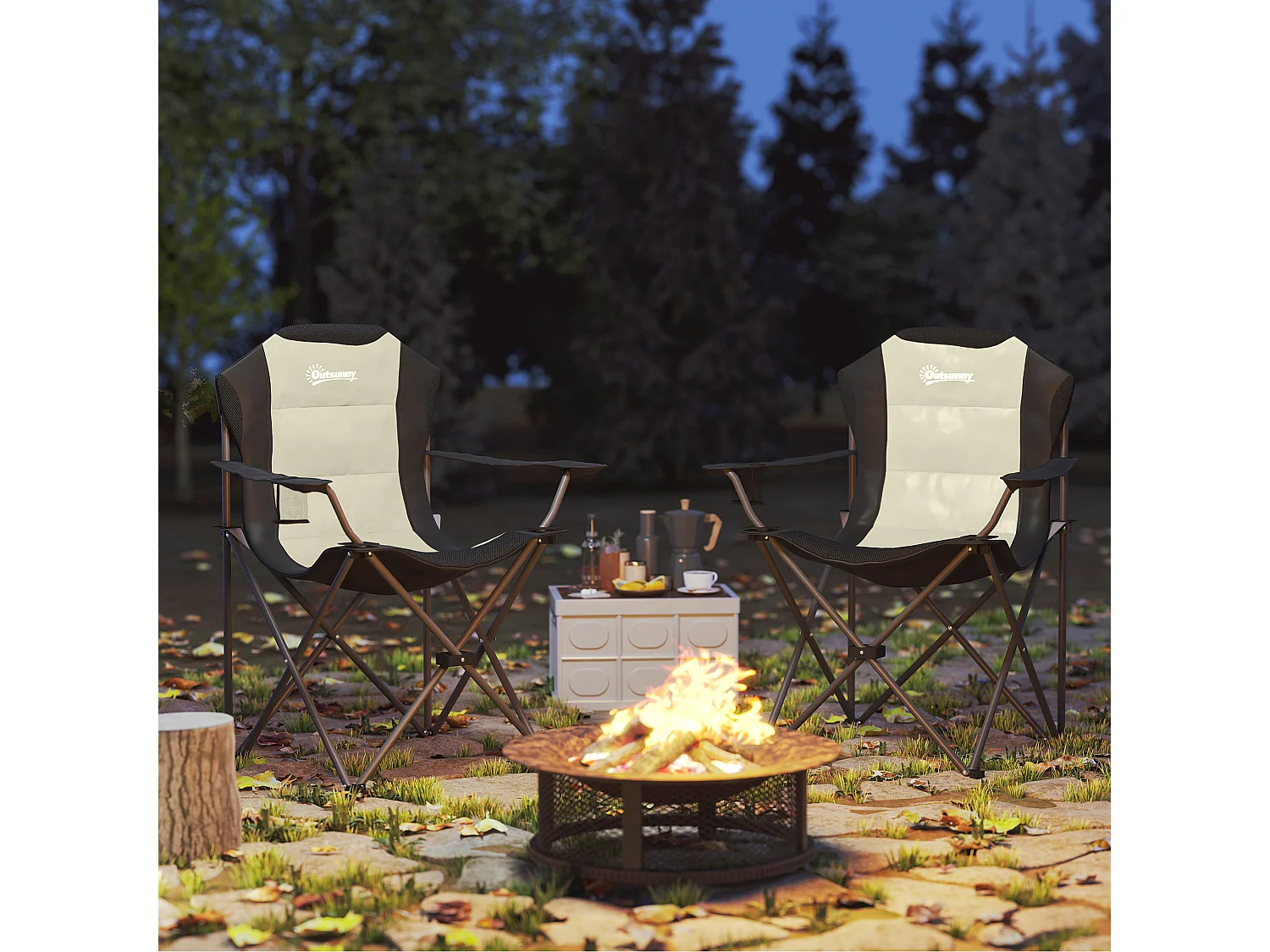 Set 2 sedie da campeggio pieghevoli con portabicchieri e borse crema