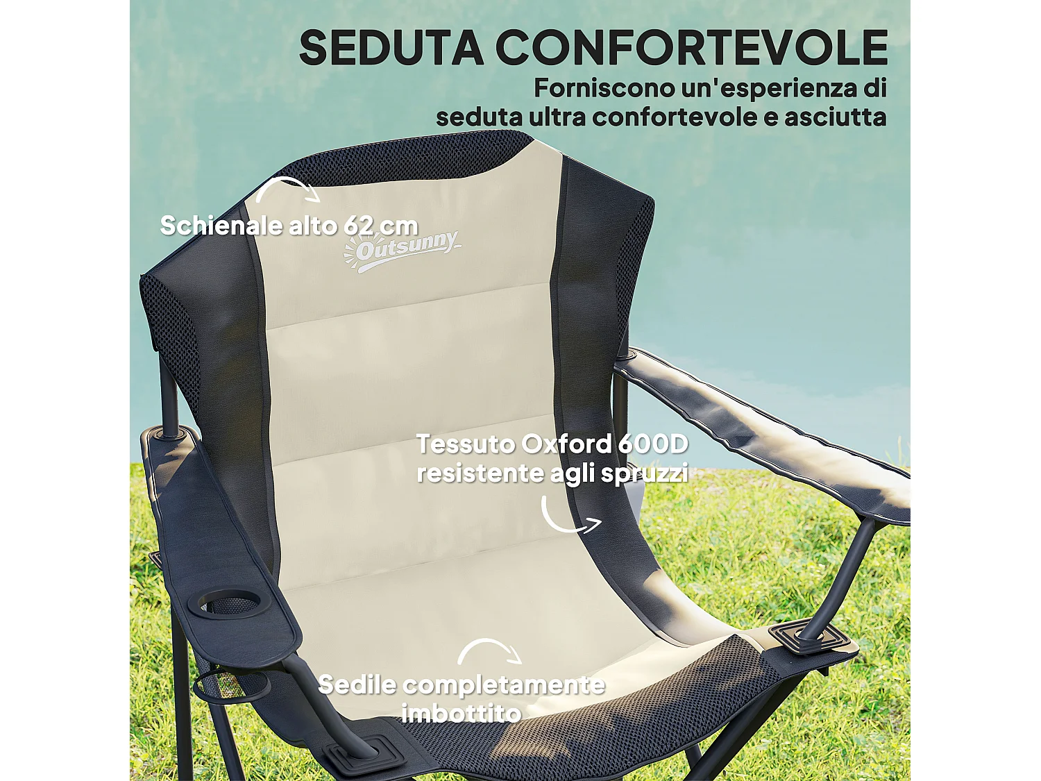 Set 2 sedie da campeggio pieghevoli con portabicchieri e borse crema