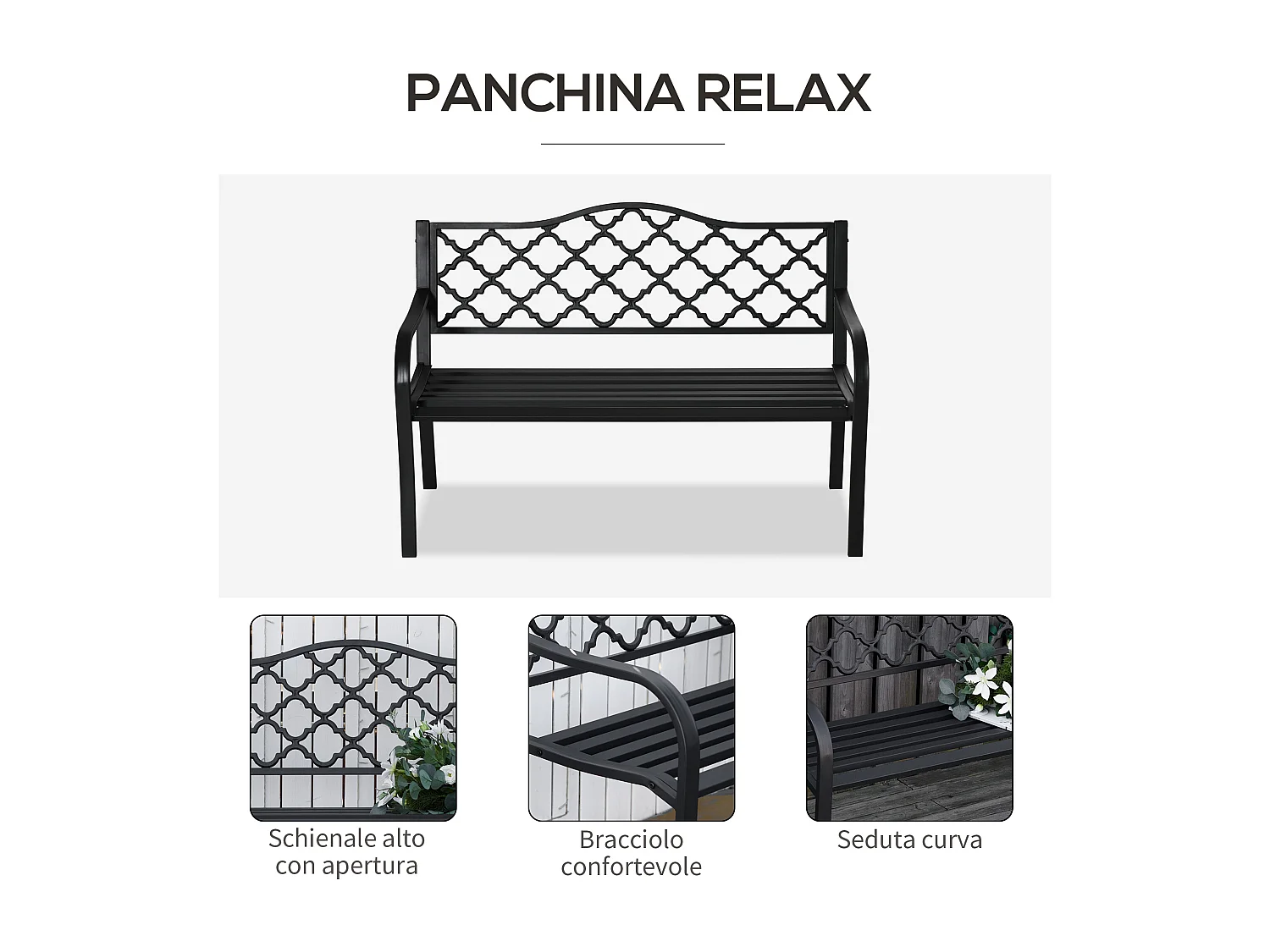 Panchina da esterno a 2 posti acciaio e ghisa con braccioli