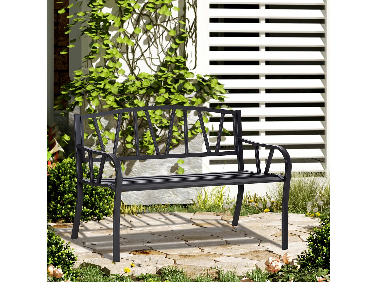 Panchina da giardino 2 posti impermeabile in metallo nero