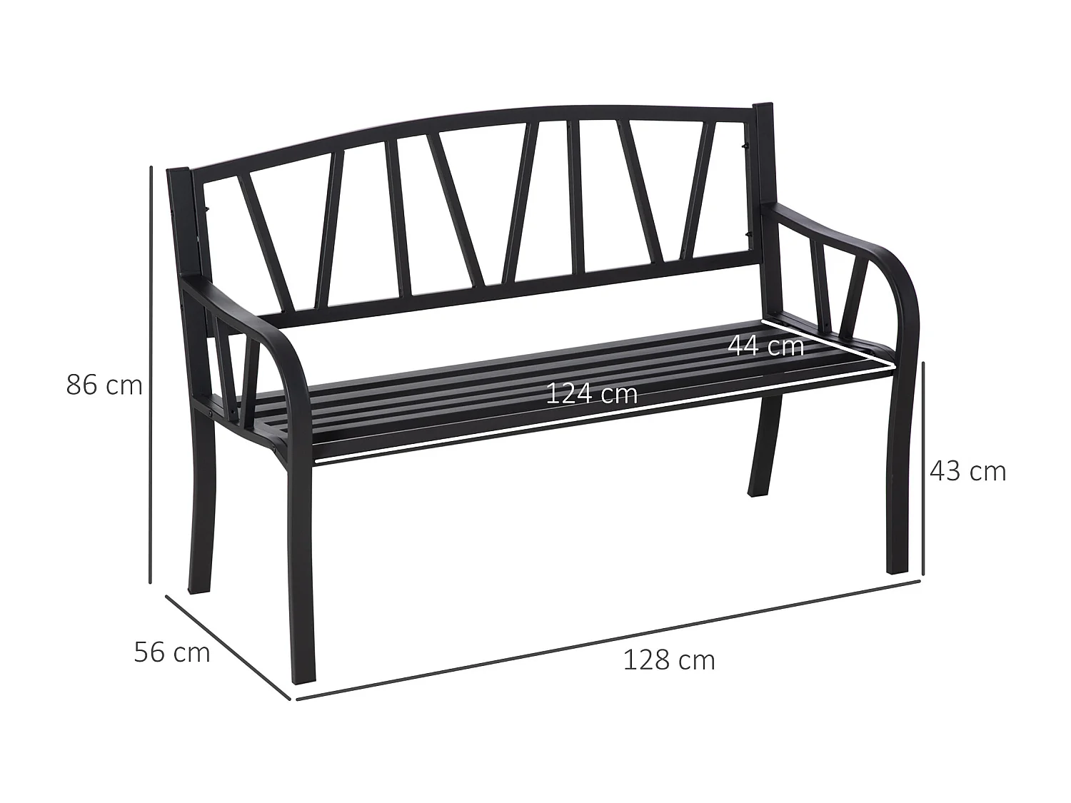 Panchina da giardino 2 posti impermeabile in metallo nero