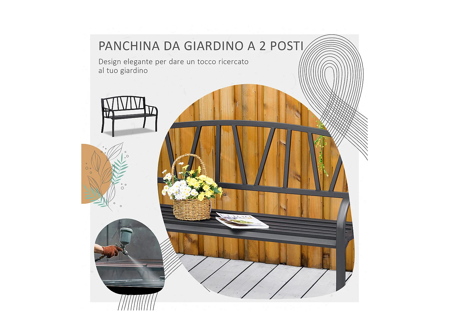 Panchina da giardino 2 posti impermeabile in metallo nero
