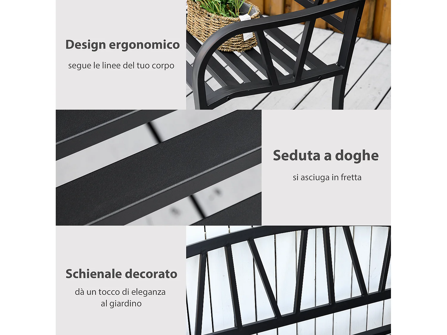 Panchina da giardino 2 posti impermeabile in metallo nero