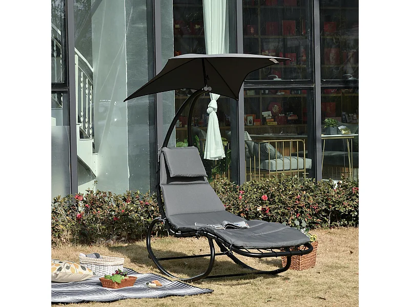 Lettino a dondolo da giardino sdraio con tettuccio metallo grigio