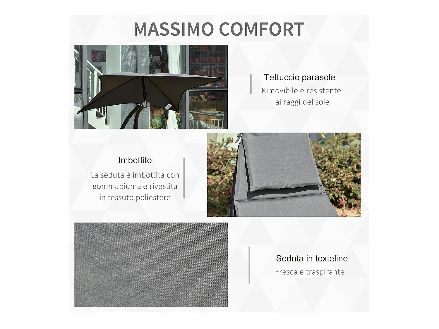 Lettino a dondolo da giardino sdraio con tettuccio metallo grigio