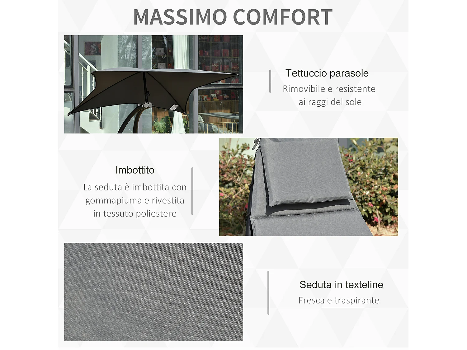 Lettino a dondolo da giardino sdraio con tettuccio metallo grigio