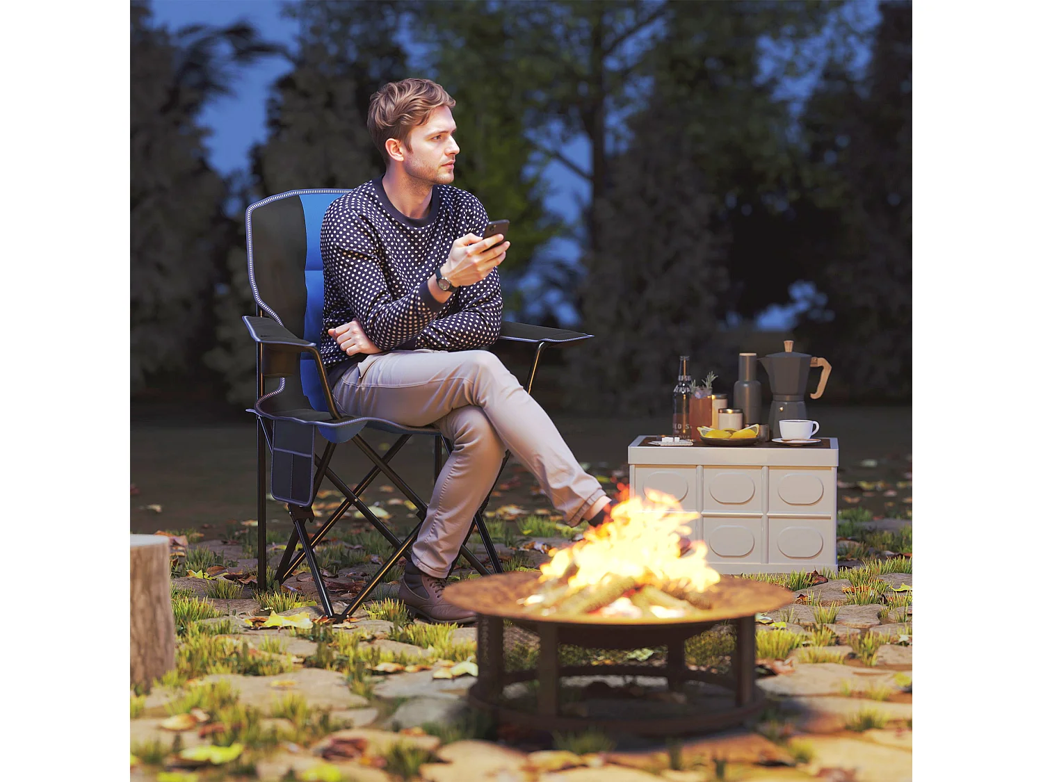 Sedia da campeggio pieghevole con portabicchieri e borsa blu