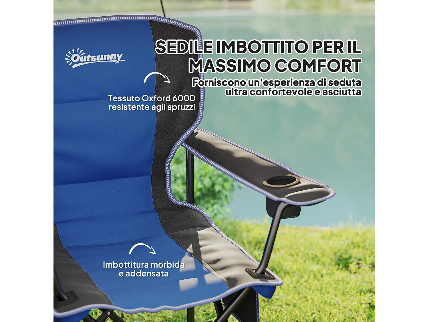 Sedia da campeggio pieghevole con portabicchieri e borsa blu