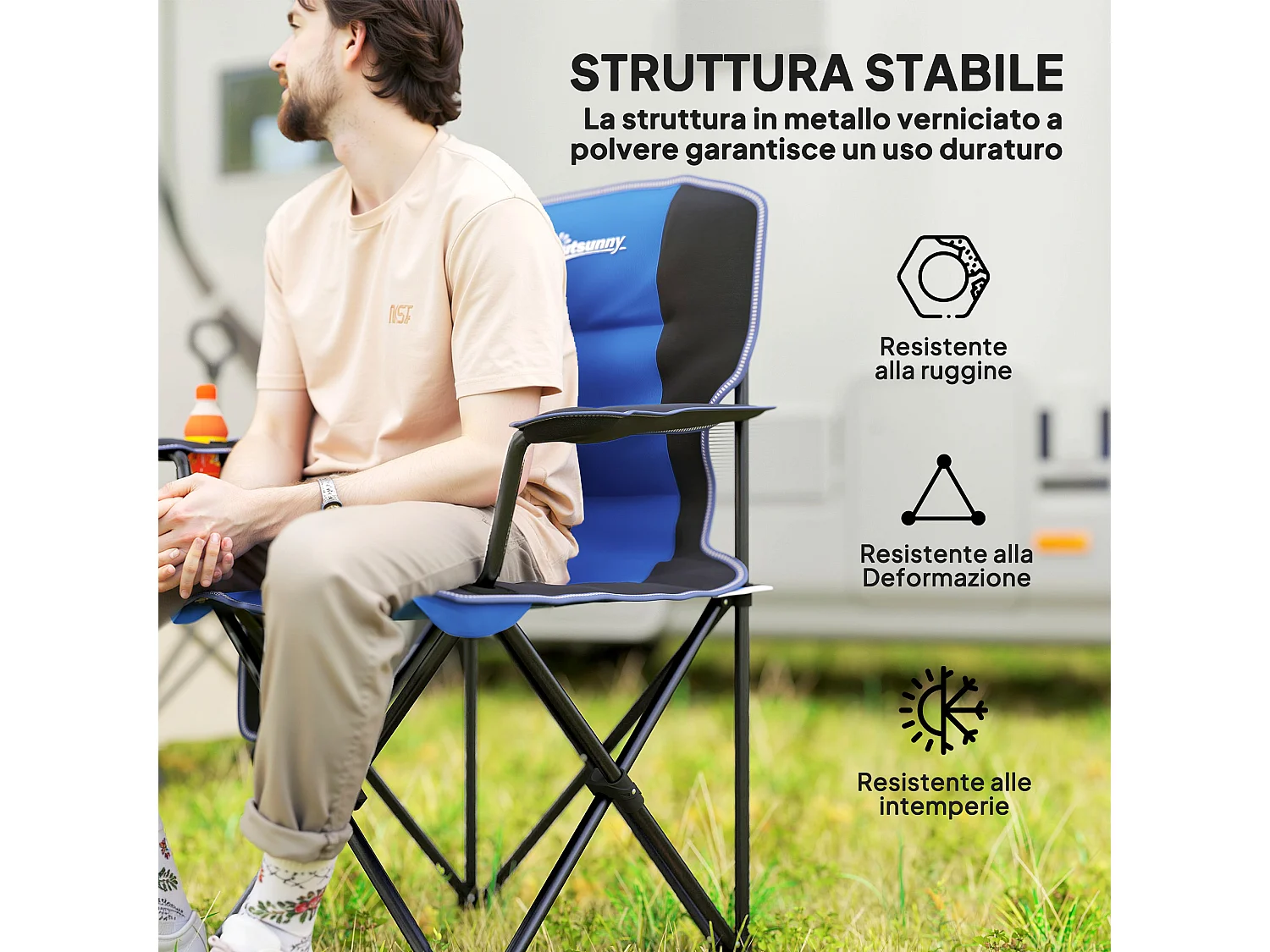 Sedia da campeggio pieghevole con portabicchieri e borsa blu