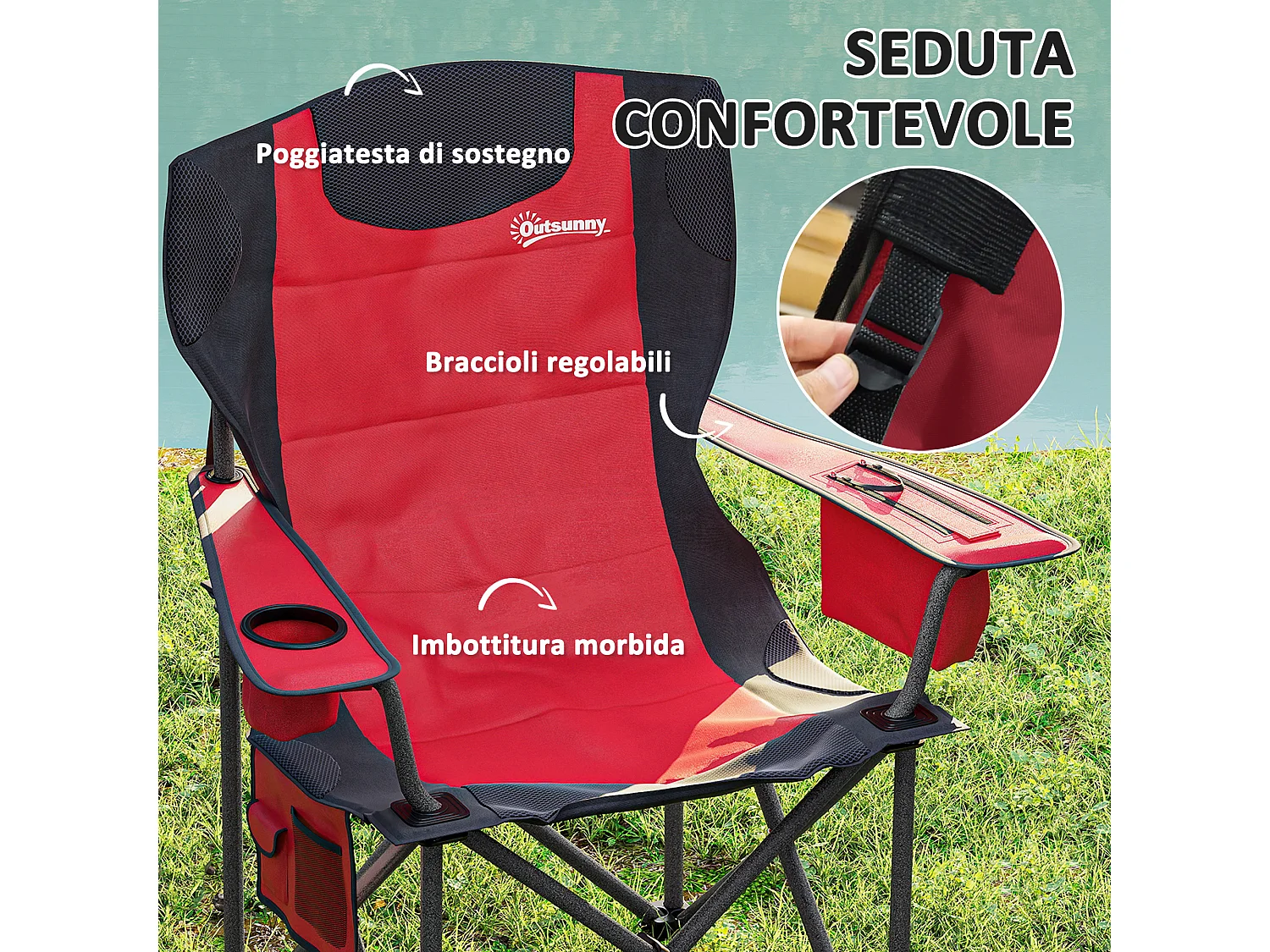 Set 2 sedie da campeggio pieghevoli con 2 tasche portabicchieri rosso