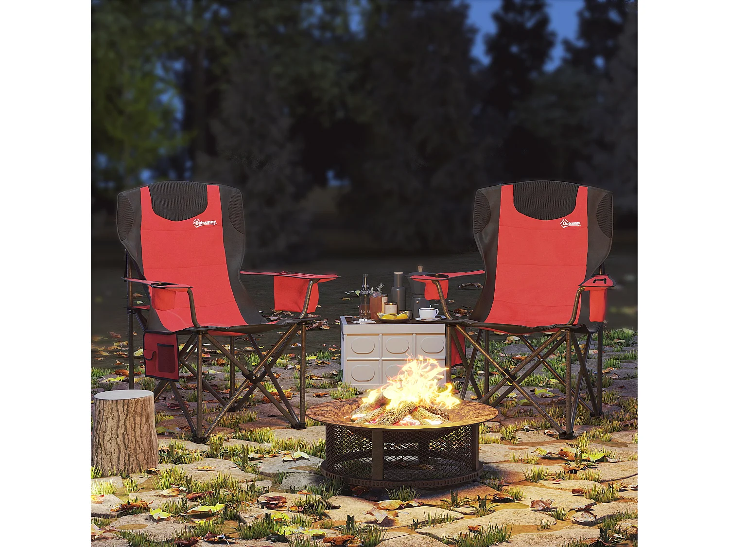 Set 2 sedie da campeggio pieghevoli con 2 tasche portabicchieri rosso
