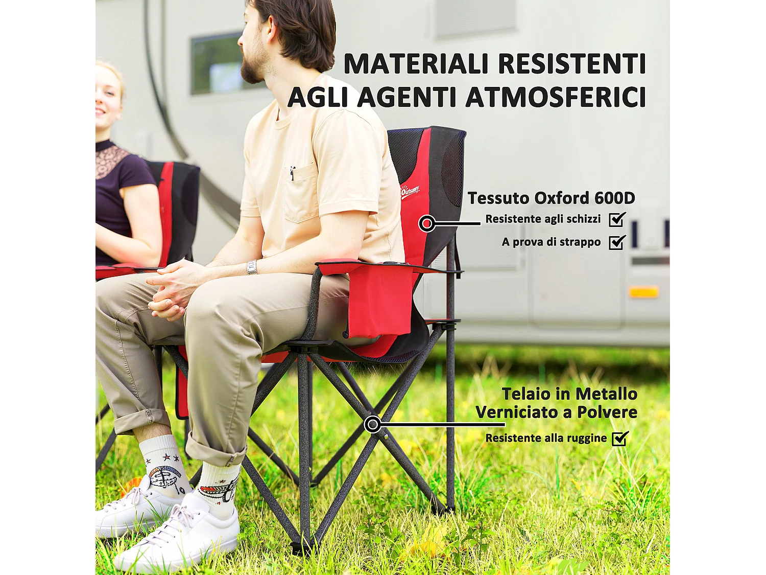 Set 2 sedie da campeggio pieghevoli con 2 tasche portabicchieri rosso