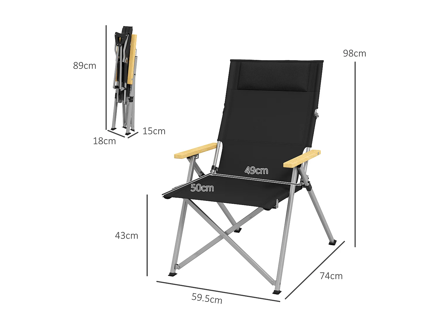 Sedia da campeggio pieghevole con schienale regolabile nero