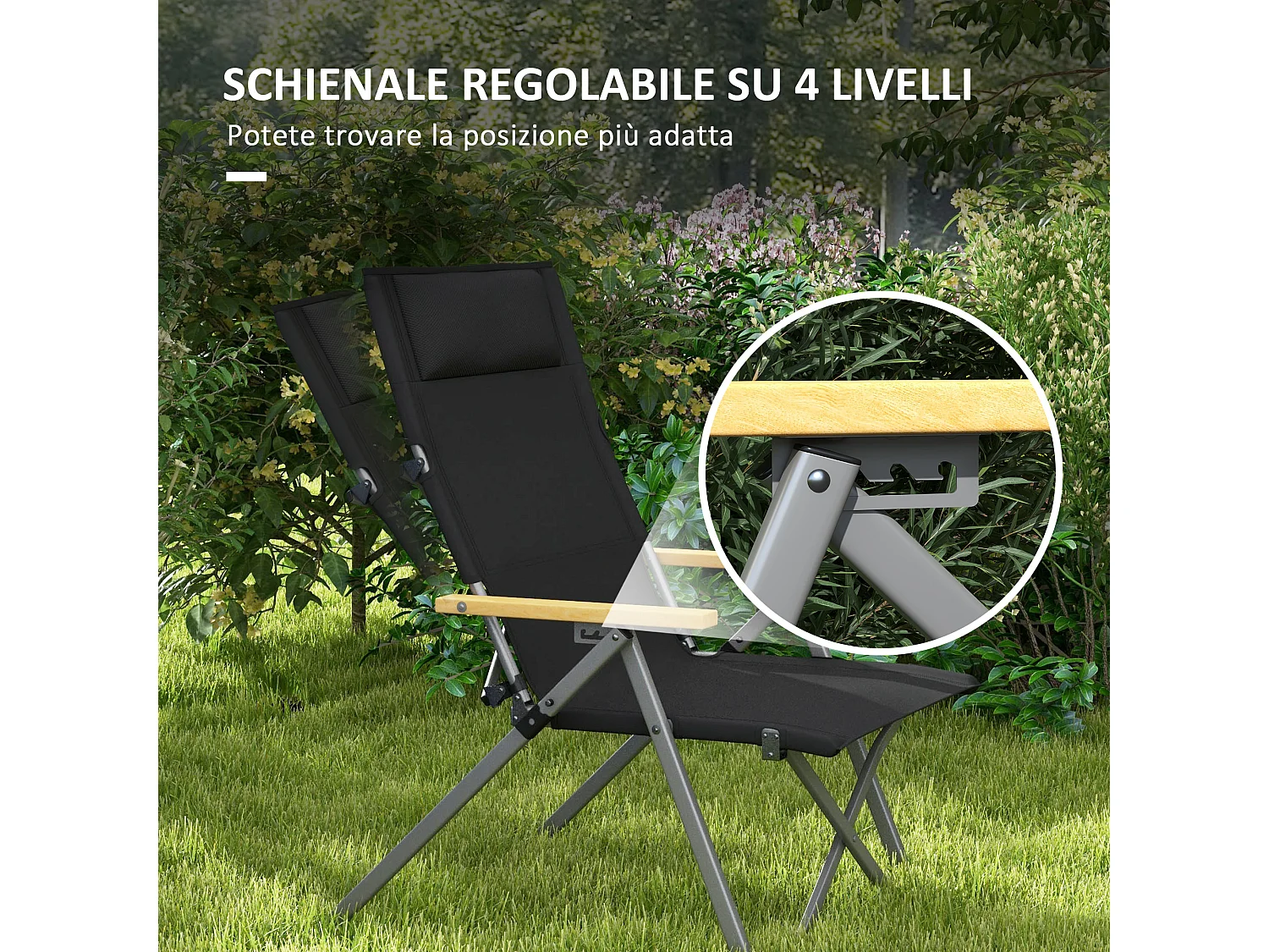 Sedia da campeggio pieghevole con schienale regolabile nero