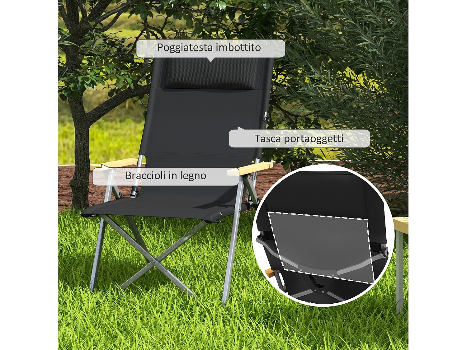 Sedia da campeggio pieghevole con schienale regolabile nero