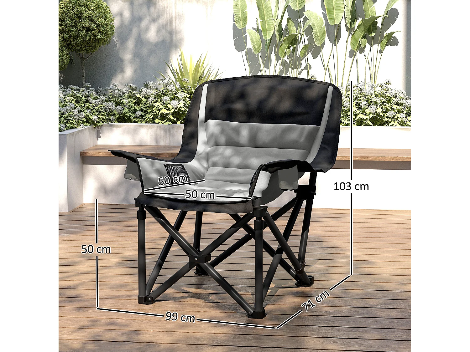 Sedia da campeggio pieghevole con portabicchieri e tasche grigio nero