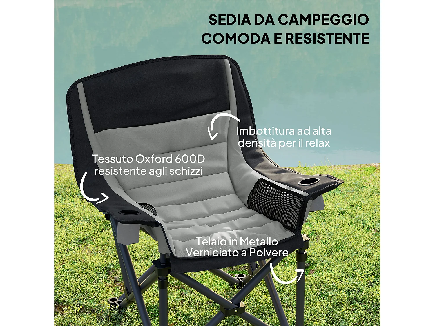 Sedia da campeggio pieghevole con portabicchieri e tasche grigio nero