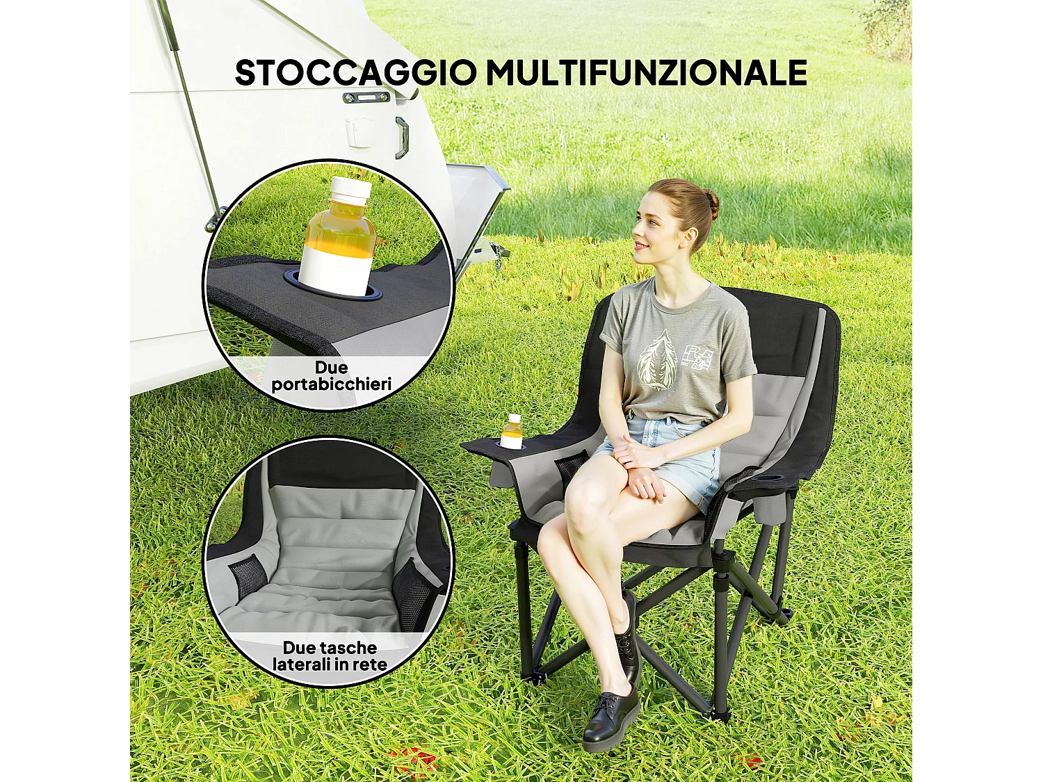 Sedia da campeggio pieghevole con portabicchieri e tasche grigio nero