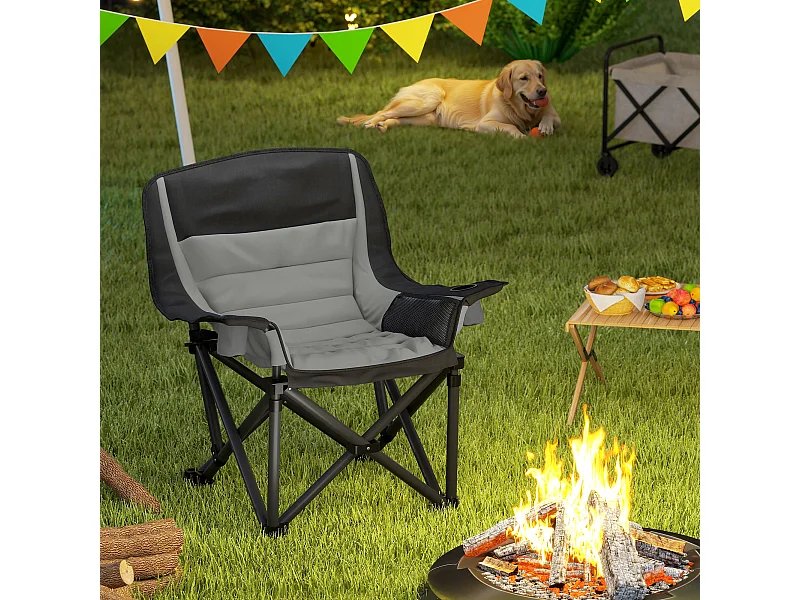 Sedia da campeggio pieghevole con portabicchieri e tasche grigio nero