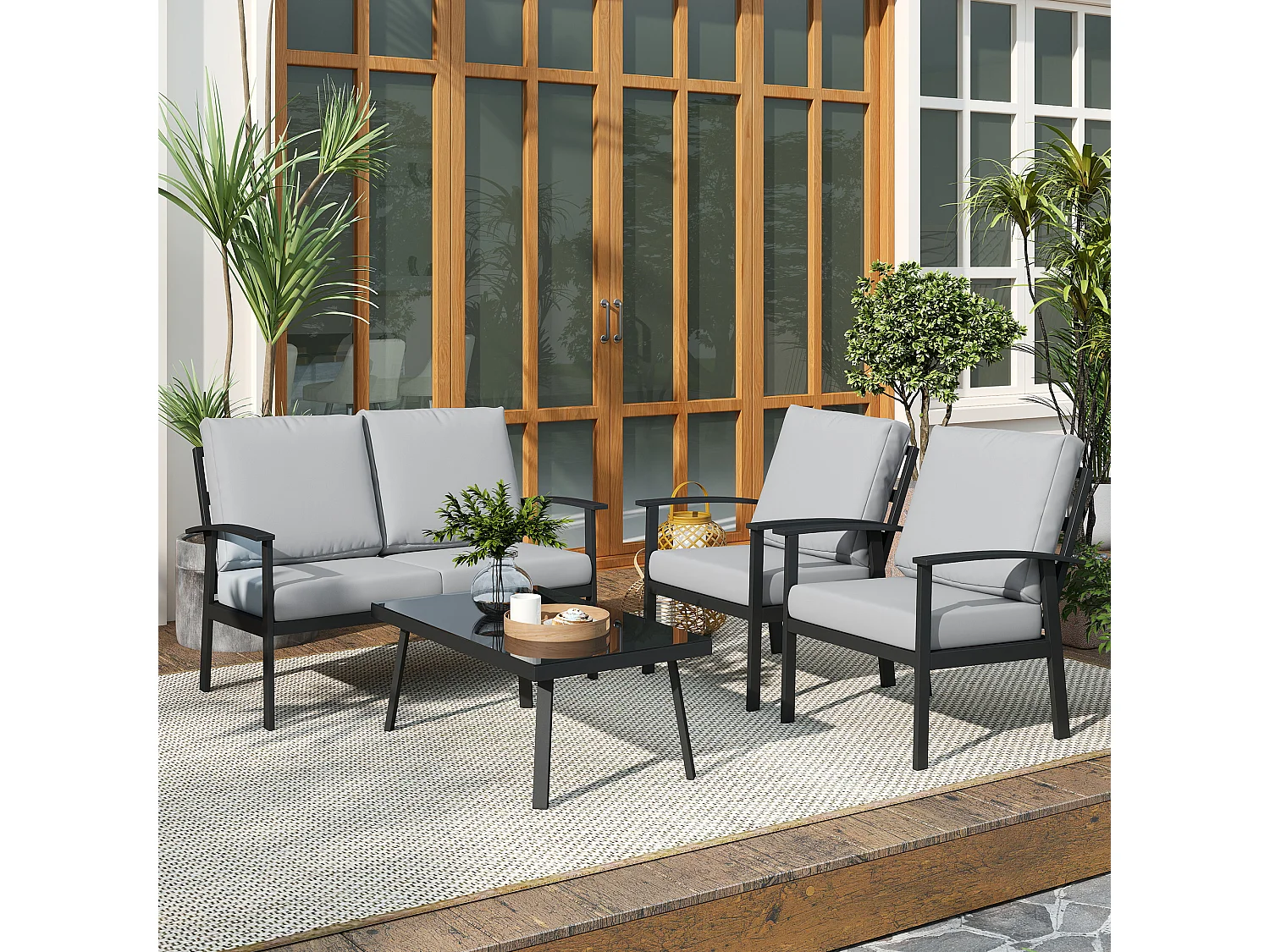 Set da giardino 4pz con 2 poltrone, divano 2 posti e tavolino grigio