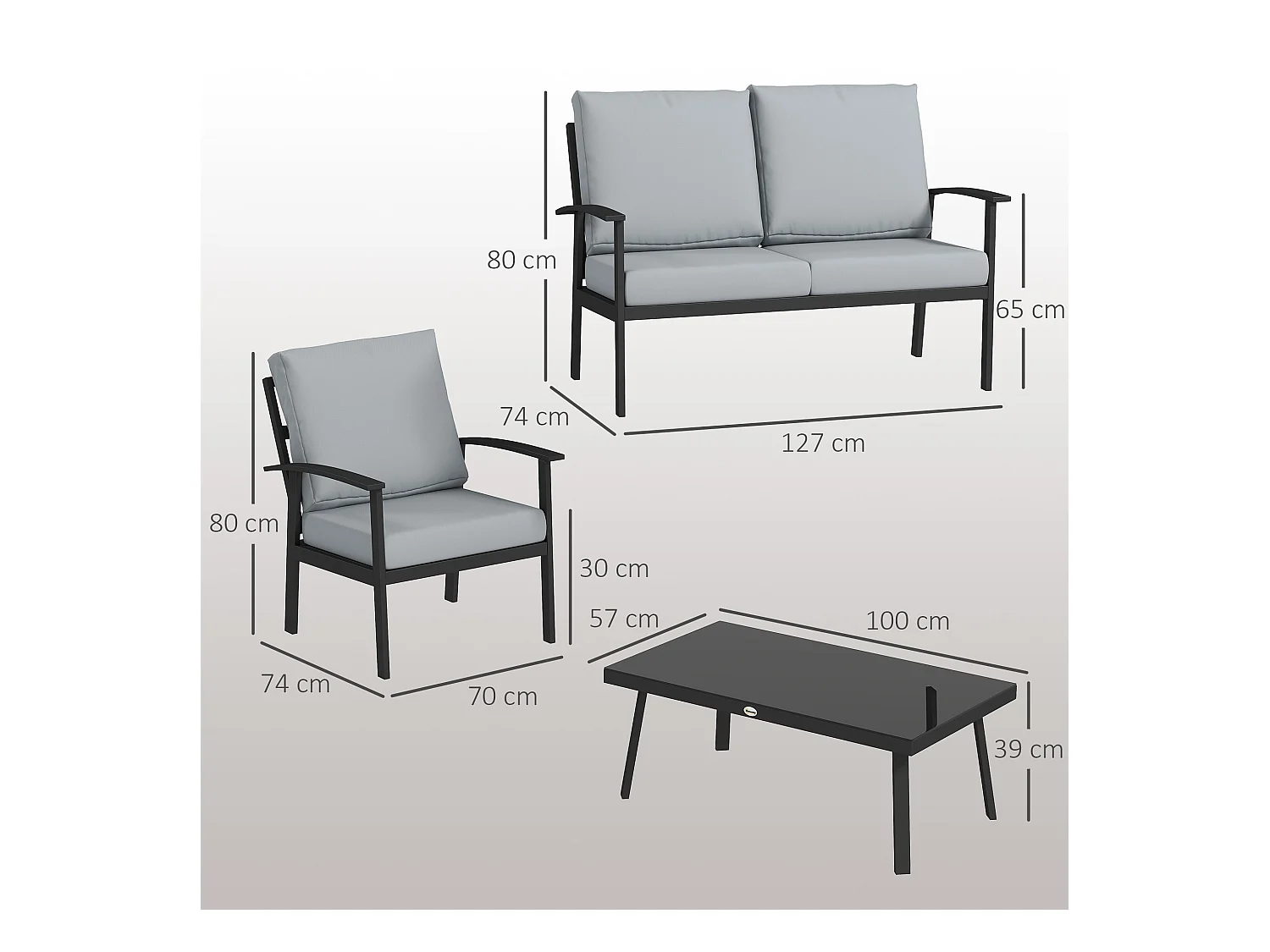 Set da giardino 4pz con 2 poltrone, divano 2 posti e tavolino grigio
