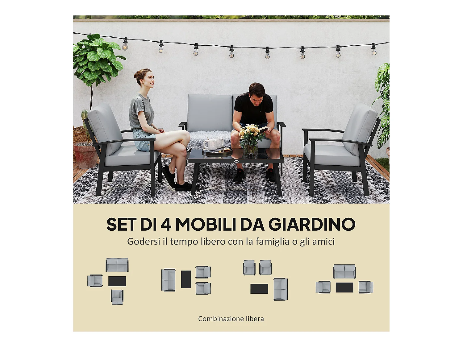 Set da giardino 4pz con 2 poltrone, divano 2 posti e tavolino grigio