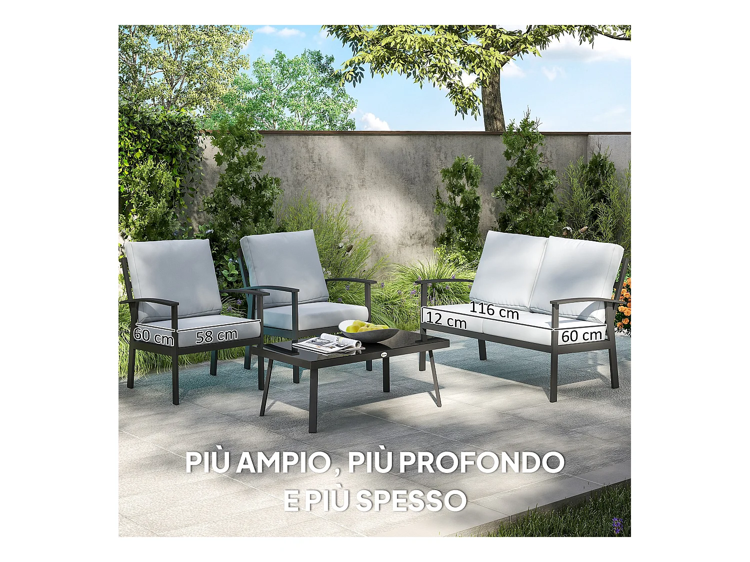 Set da giardino 4pz con 2 poltrone, divano 2 posti e tavolino grigio