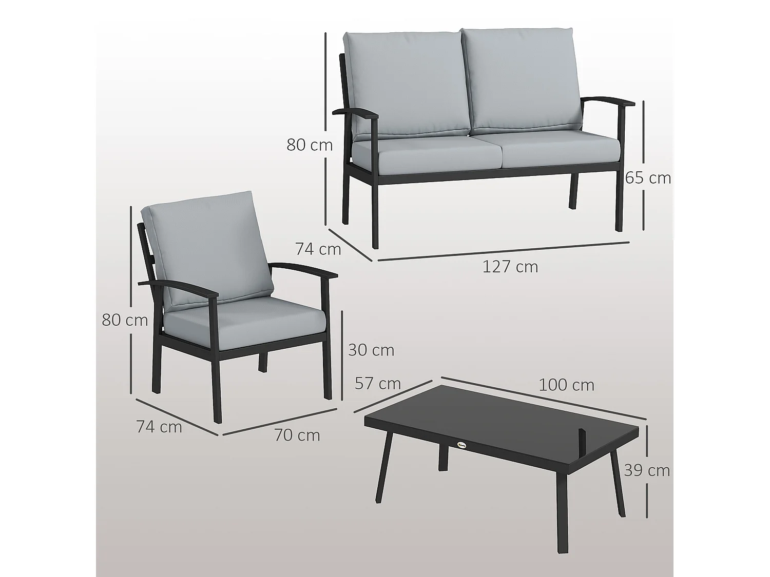 Set da giardino 4pz con 2 poltrone, divano 2 posti e tavolino grigio