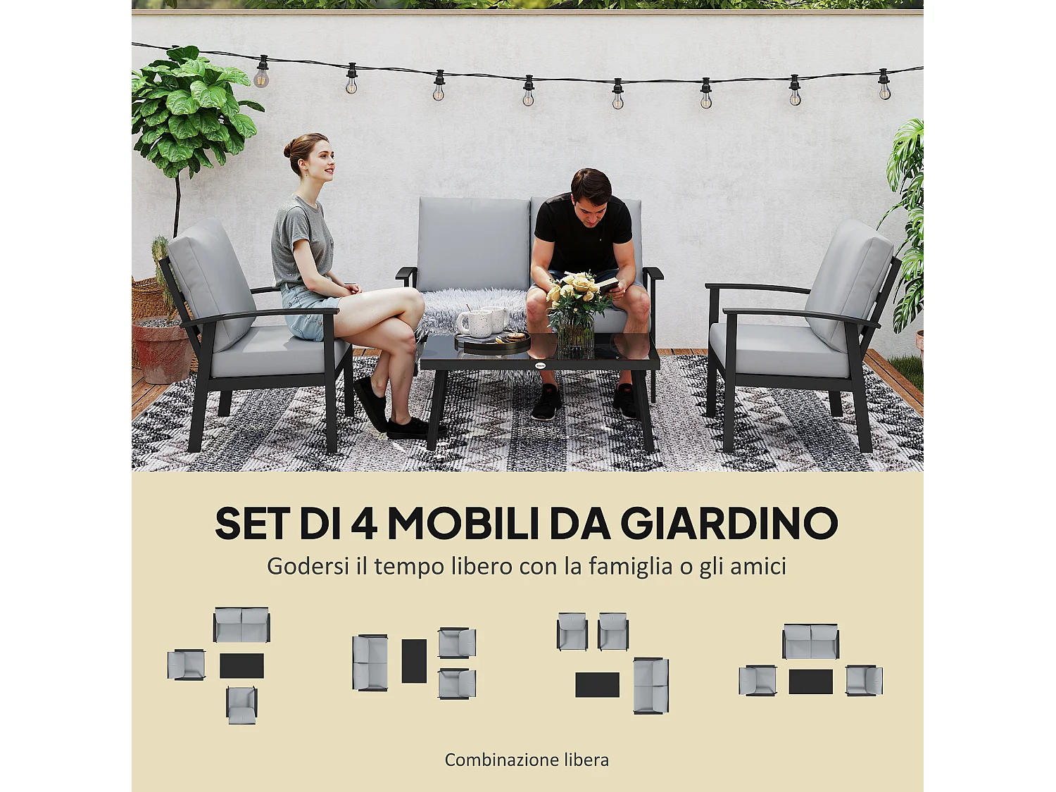 Set da giardino 4pz con 2 poltrone, divano 2 posti e tavolino grigio