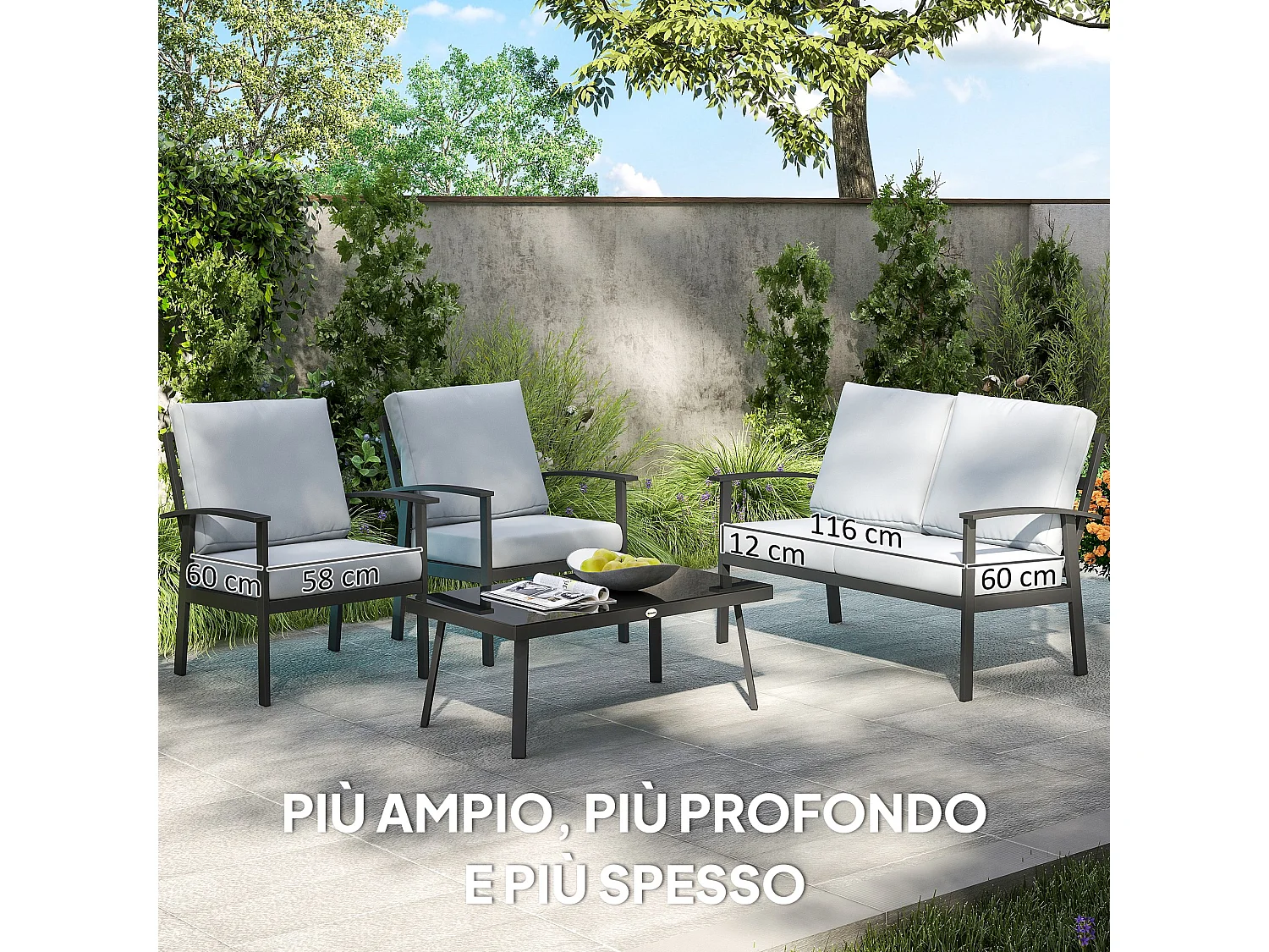 Set da giardino 4pz con 2 poltrone, divano 2 posti e tavolino grigio