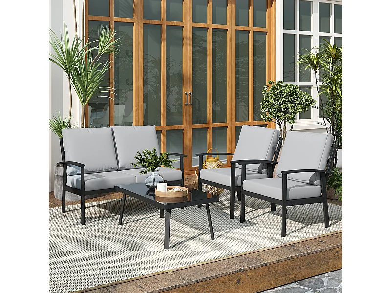 Set da giardino 4pz con 2 poltrone, divano 2 posti e tavolino grigio