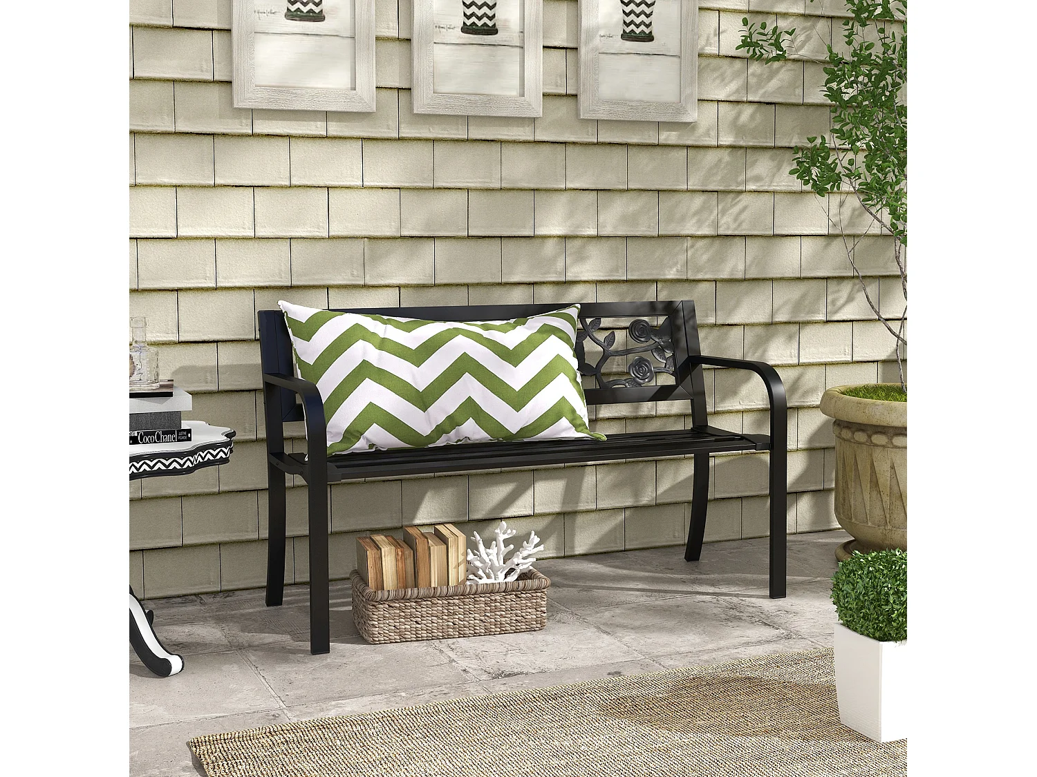 Panchina da giardino 2 posti con braccioli in acciaio nero