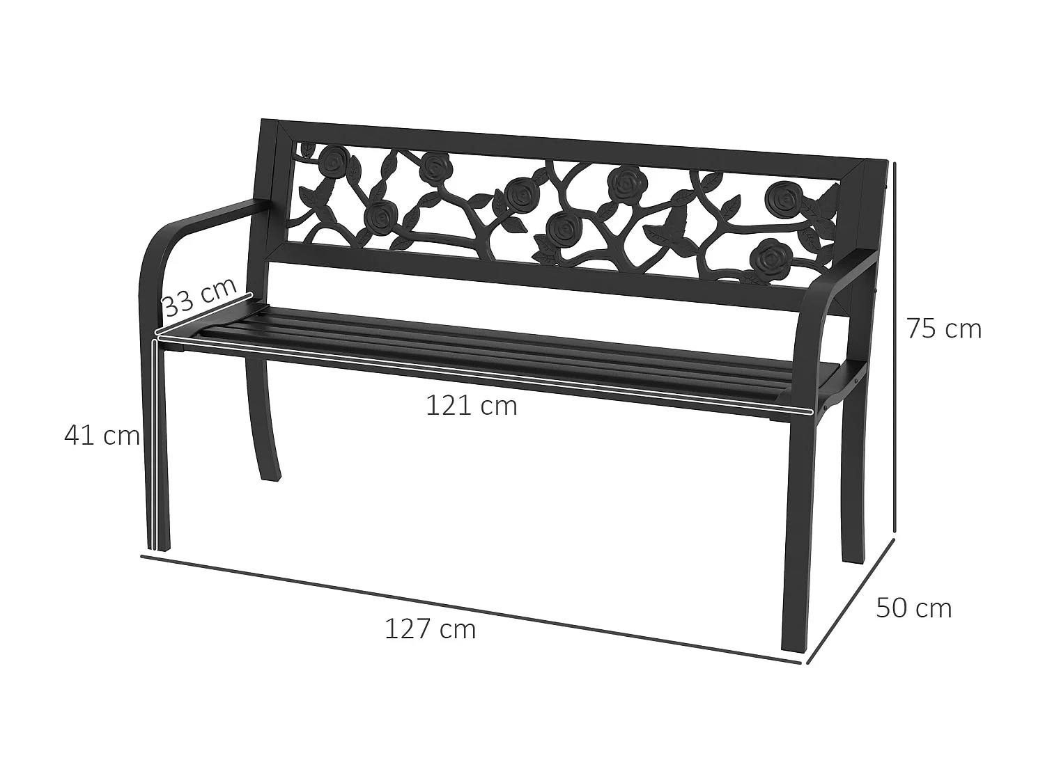 Panchina da giardino 2 posti con braccioli in acciaio nero