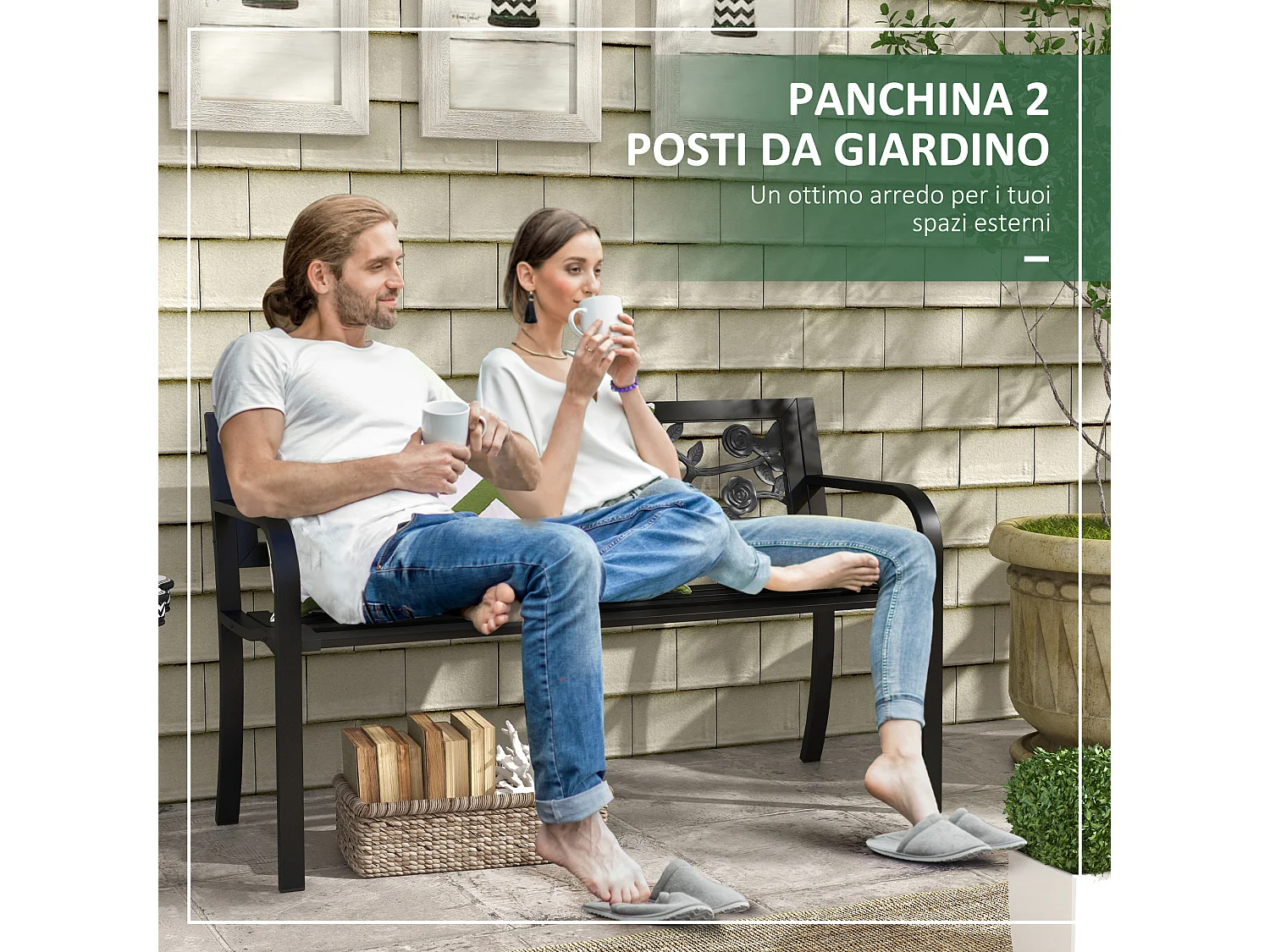 Panchina da giardino 2 posti con braccioli in acciaio nero