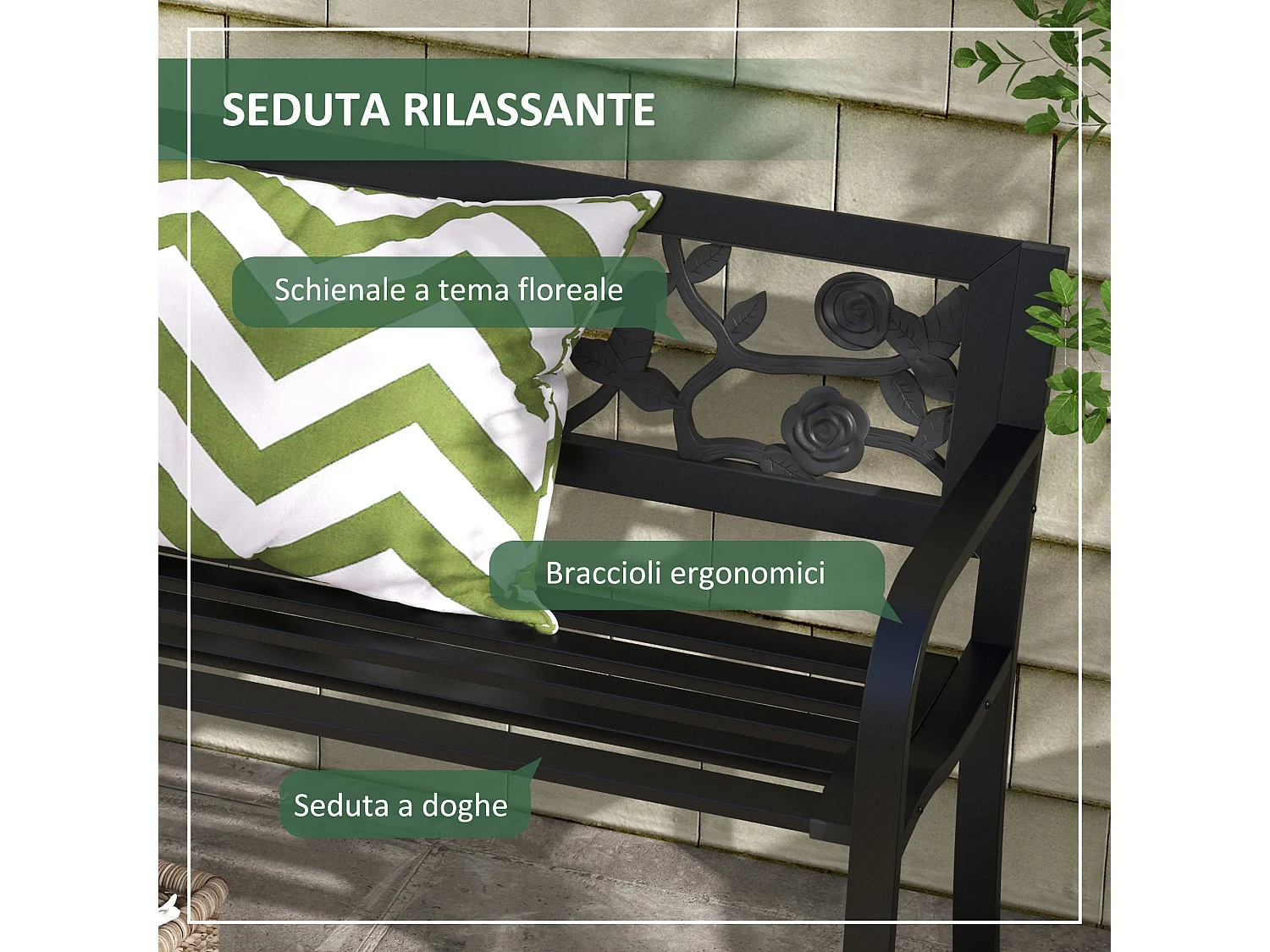 Panchina da giardino 2 posti con braccioli in acciaio nero