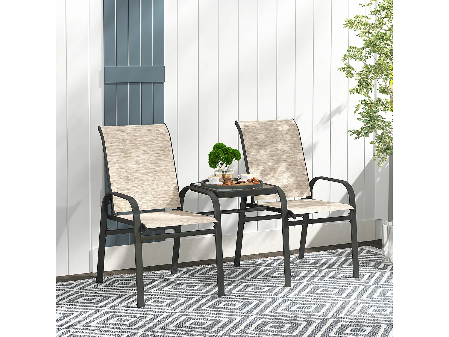 Panchina 2 posti da giardino con tavolo centrale in vetro marrone nero