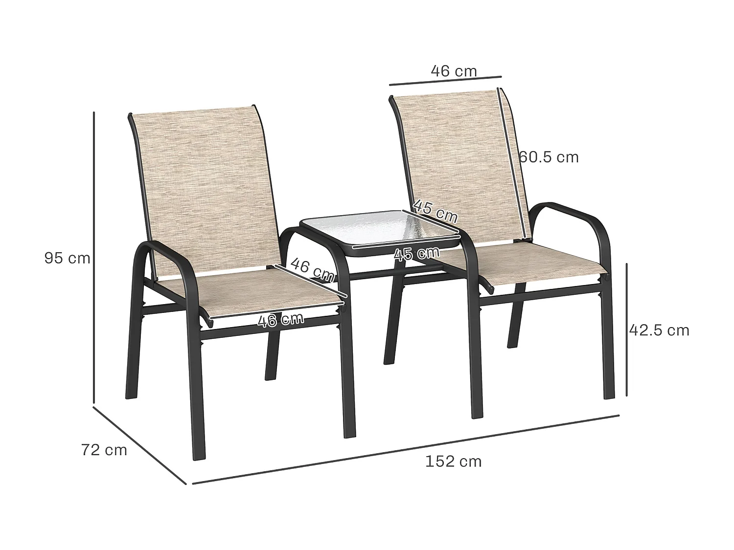 Panchina 2 posti da giardino con tavolo centrale in vetro marrone nero