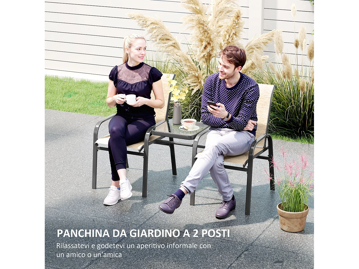 Panchina 2 posti da giardino con tavolo centrale in vetro marrone nero