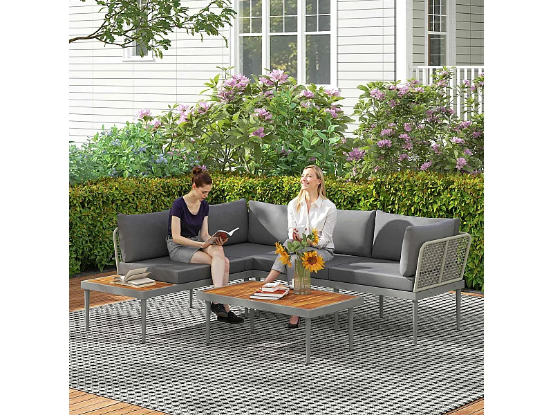 Set da esterno 3 pz con 2 divanetti e tavolino basso grigio e legno