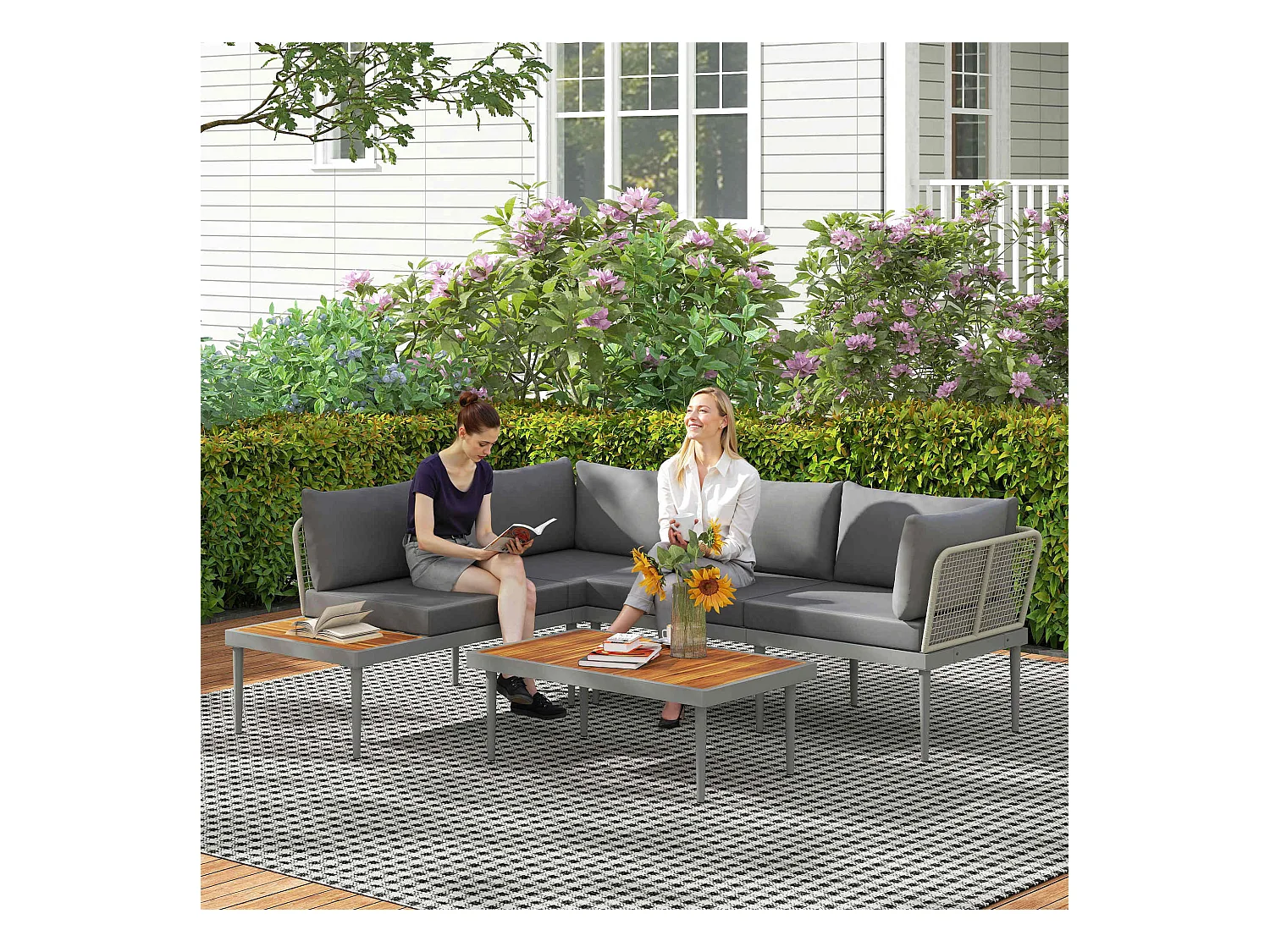 Set da esterno 3 pz con 2 divanetti e tavolino basso grigio e legno