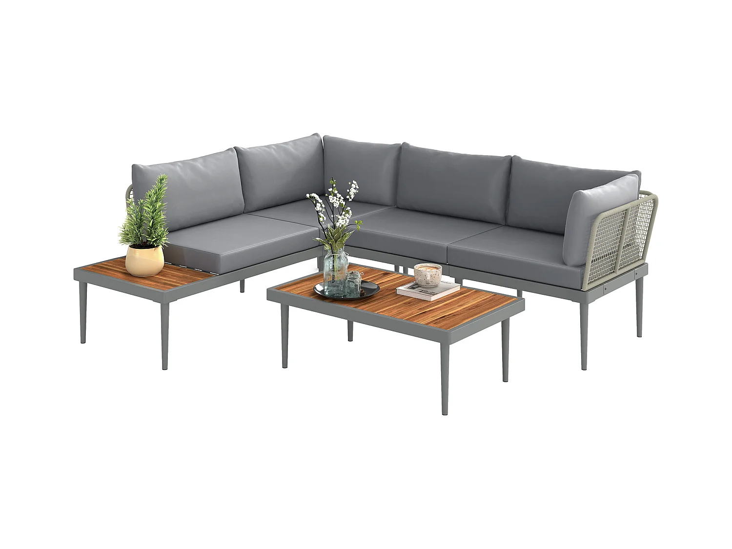 Set da esterno 3 pz con 2 divanetti e tavolino basso grigio e legno