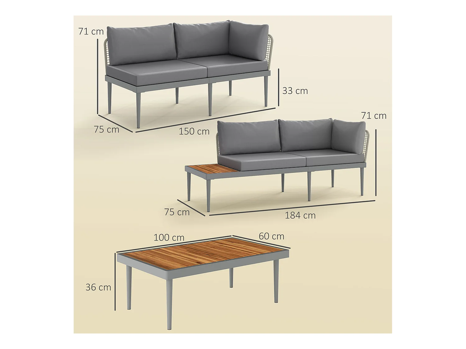 Set da esterno 3 pz con 2 divanetti e tavolino basso grigio e legno