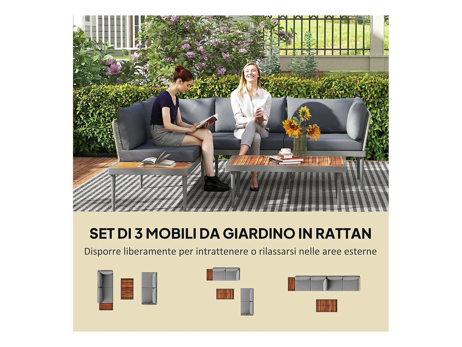 Set da esterno 3 pz con 2 divanetti e tavolino basso grigio e legno