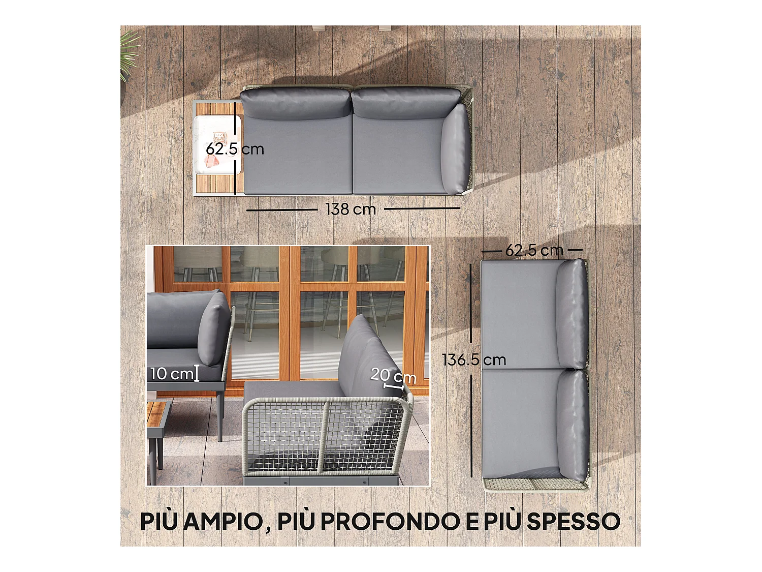 Set da esterno 3 pz con 2 divanetti e tavolino basso grigio e legno