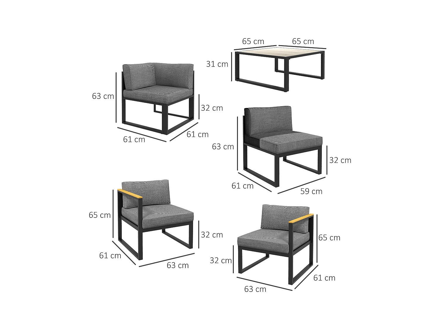 Salotto da giardino 6 pezzi con tavolino e divano con cuscini grigio