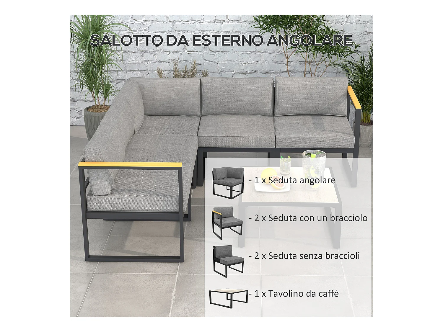 Salotto da giardino 6 pezzi con tavolino e divano con cuscini grigio