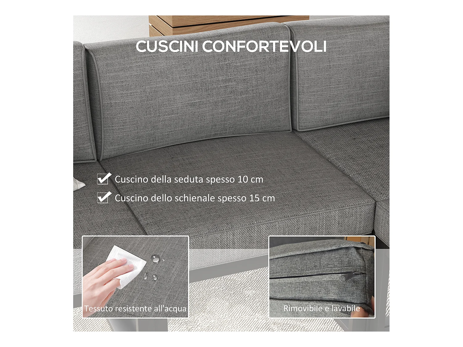 Salotto da giardino 6 pezzi con tavolino e divano con cuscini grigio