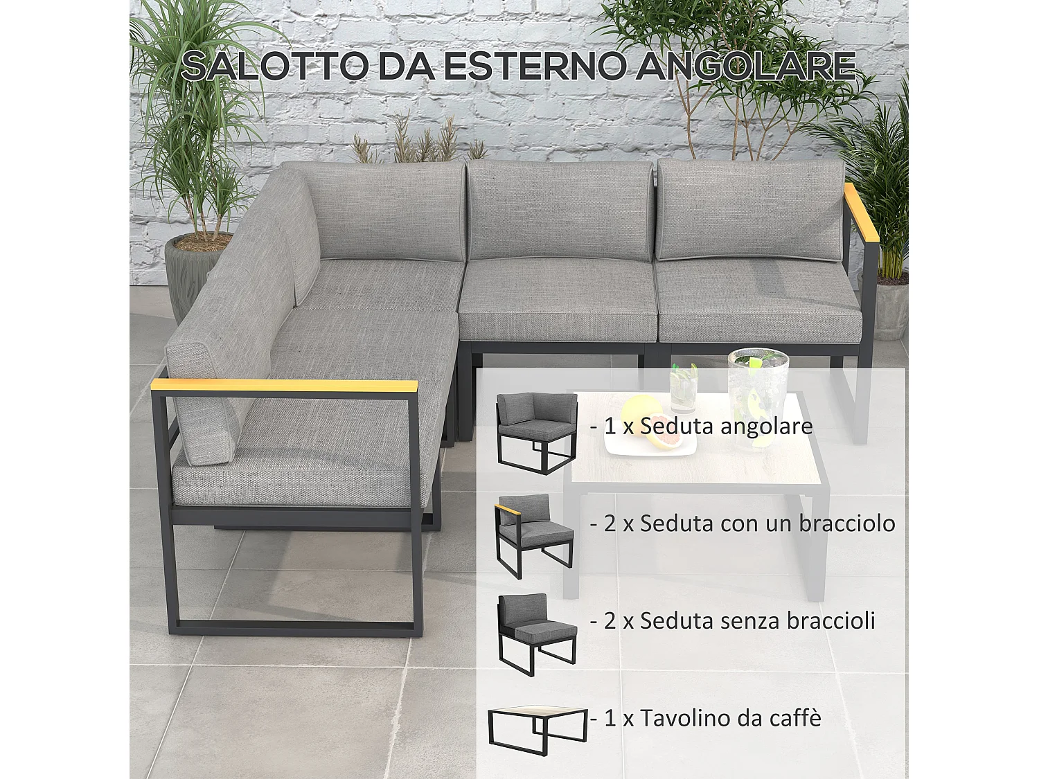 Salotto da giardino 6 pezzi con tavolino e divano con cuscini grigio