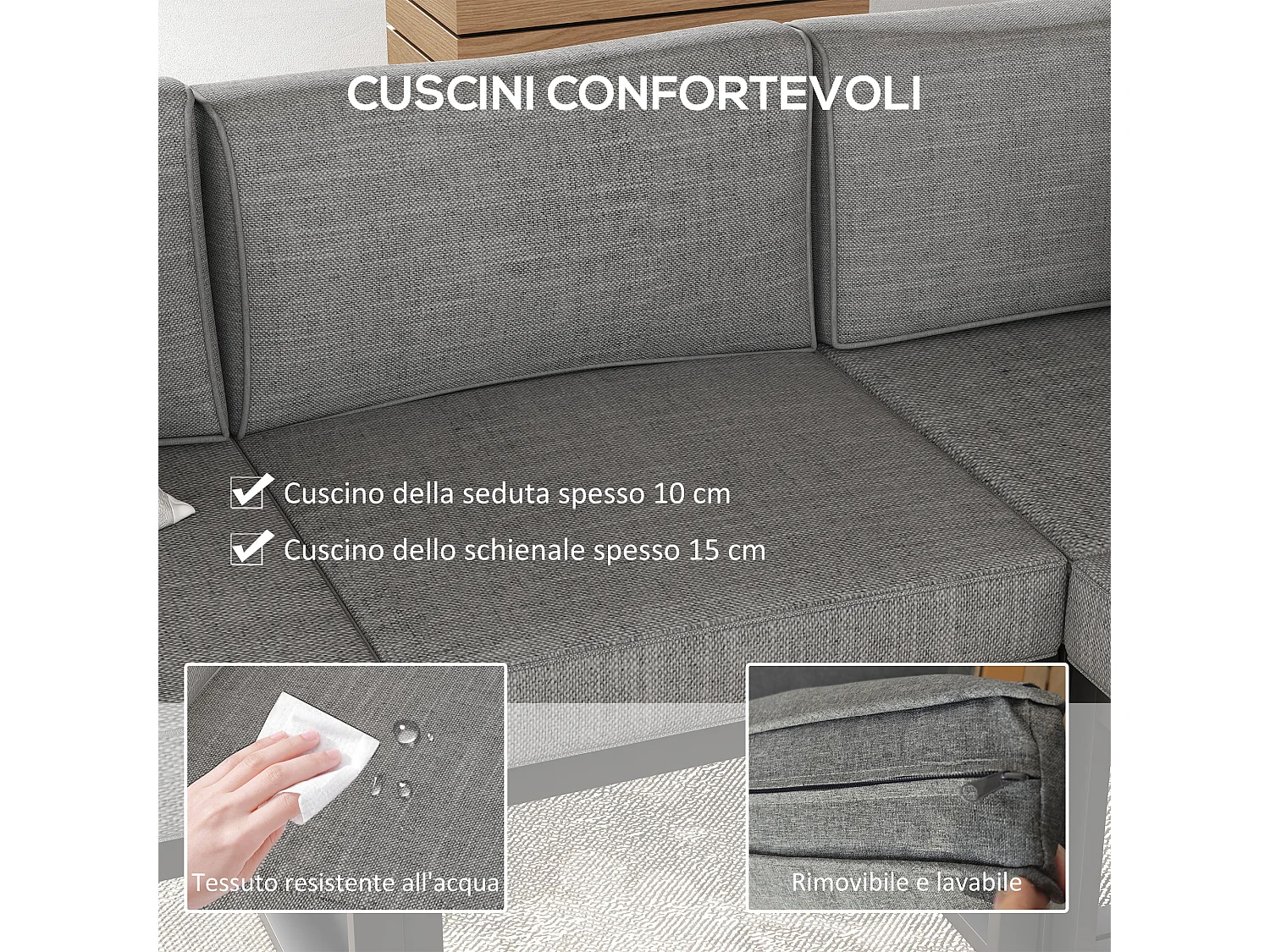 Salotto da giardino 6 pezzi con tavolino e divano con cuscini grigio